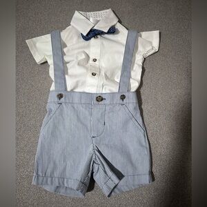 White Shirt and Striped Suspender Shorts Set 9 months